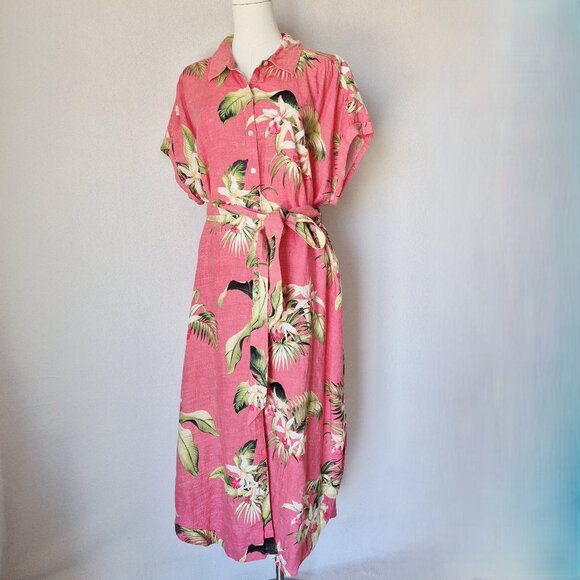 Tommy Bahama Linen Tropical Hawaii Belted Maxi Shirt-Dress Cap Sleeve Pink - Picture 3 of 11